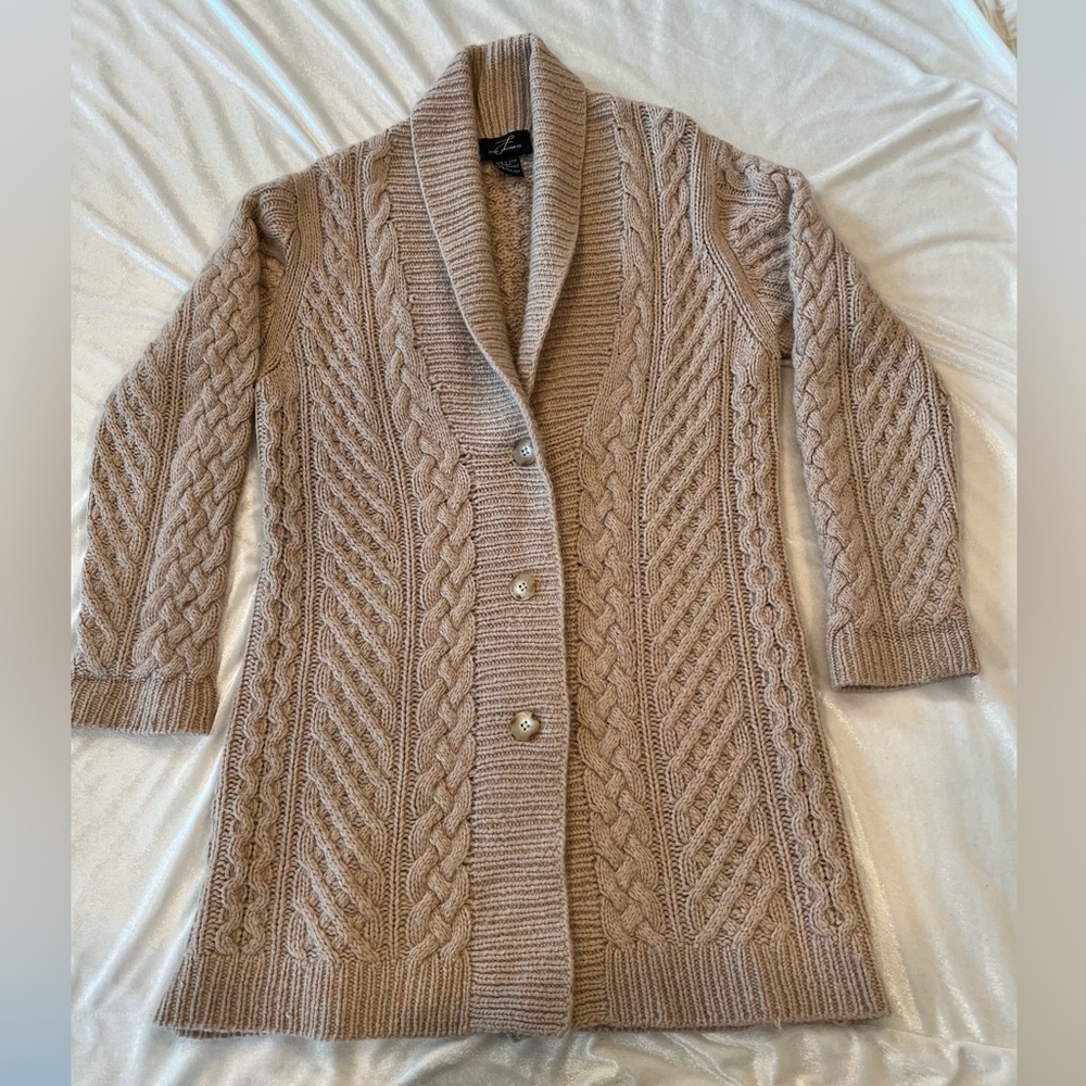 Super Heavyweight 100% Cashmere Cable Knit Sweater Jacket Coat, Size Large